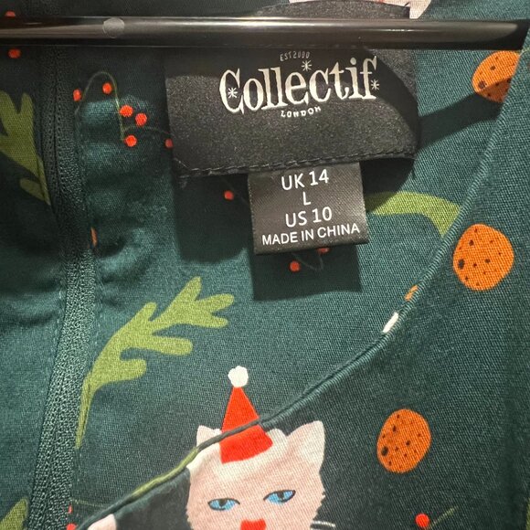 ModCloth x Collectif 'Festive Felines' Size US 10 Retro Swing Dress in Green - Picture 2 of 7